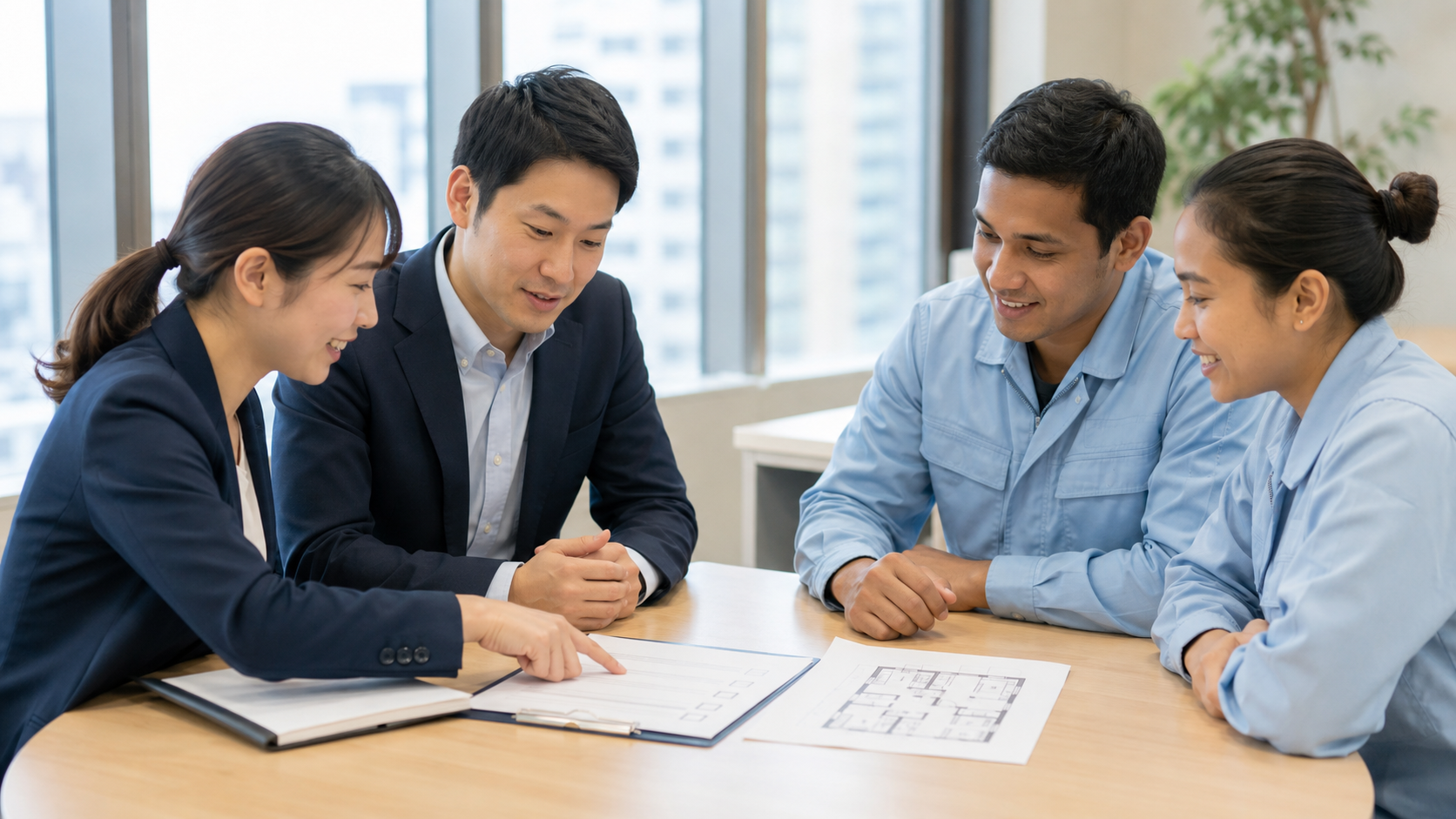 受入企業担当者と技能実習生が生活ルールと宿舎のチェックリストを一緒に確認している様子