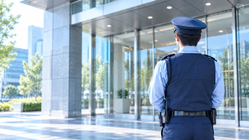 オフィス入口で立つ警備員の後ろ姿