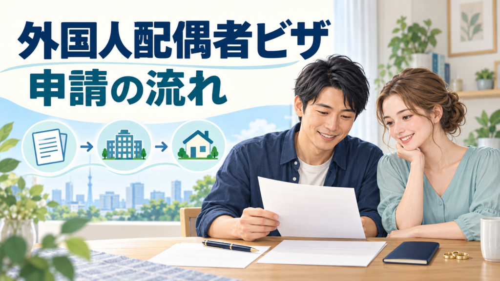 外国人配偶者ビザの申請に向けて書類を確認する夫婦のイラスト