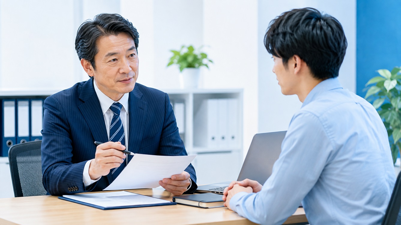 永住許可 ガイドライン改定について相談する行政書士と外国人クライアント