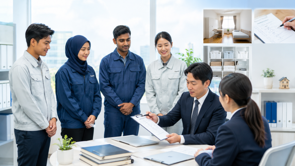 外国人技能実習生と受入企業担当者が生活ルールと宿舎のチェック項目を確認している様子