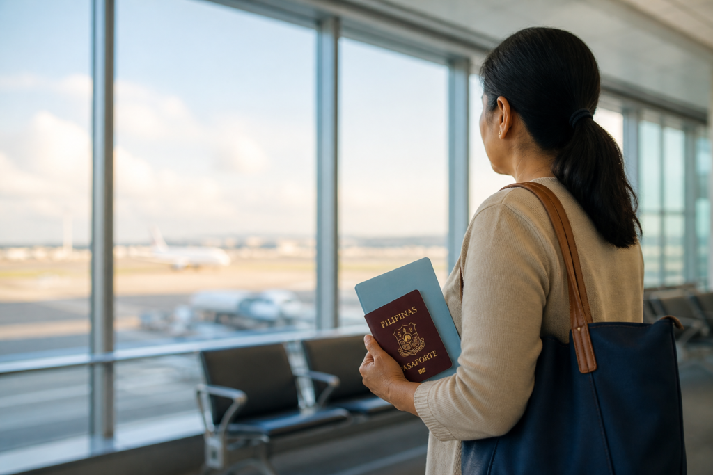 日本の空港でフィリピンの旅券を持ち、アメリカへの出発を待つ女性