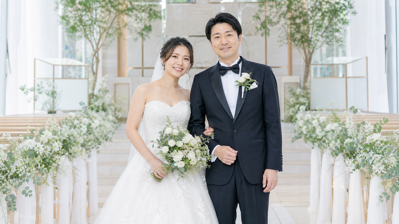 日本式の結婚式を挙げる30代後半のベトナム人女性と40代前半の日本人男性