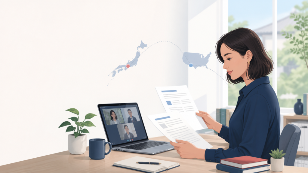 米国企業の書類を確認しながら日本でリモートワークする外国人