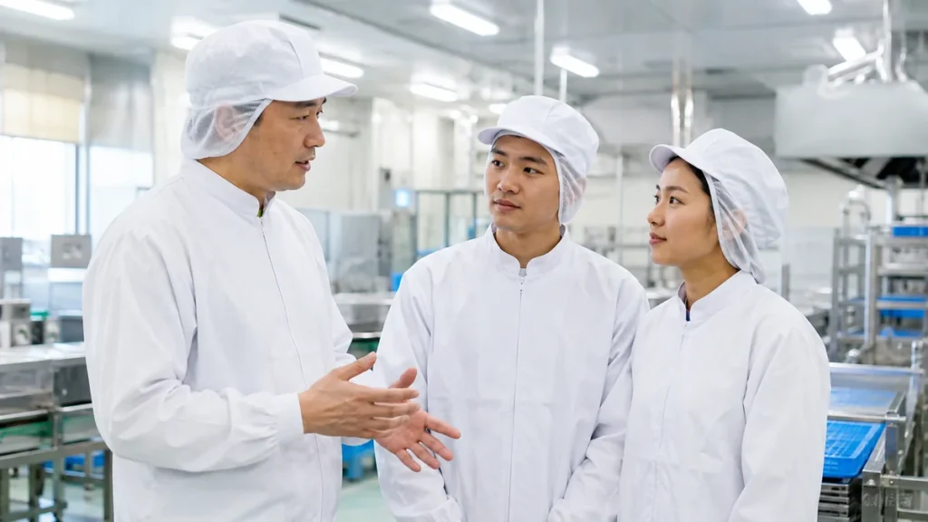 鶏肉加工会社で働く特定技能1号のミャンマー人材と企業担当者