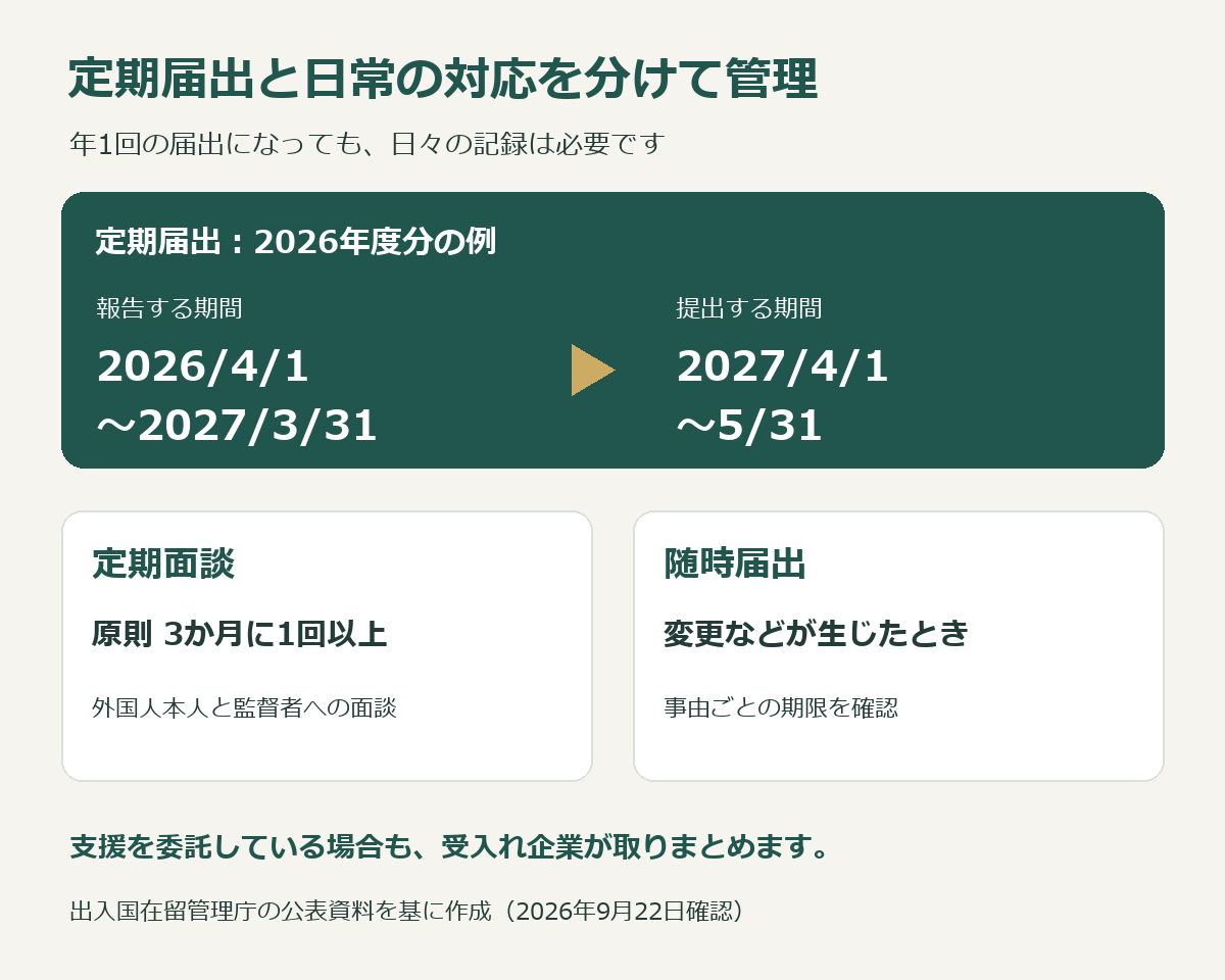 2026年度の報告対象期間は2026年4月1日から2027年3月31日、提出期間は2027年4月1日から5月31日。定期面談と随時届出も別途管理する図