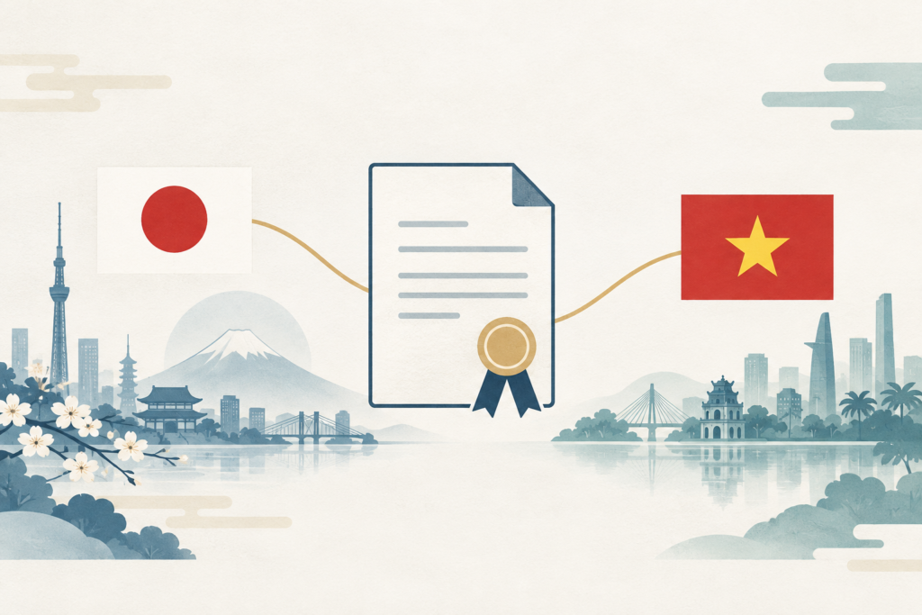 日本とベトナムの国旗を、認証を表す書類のイラストでつないだ図