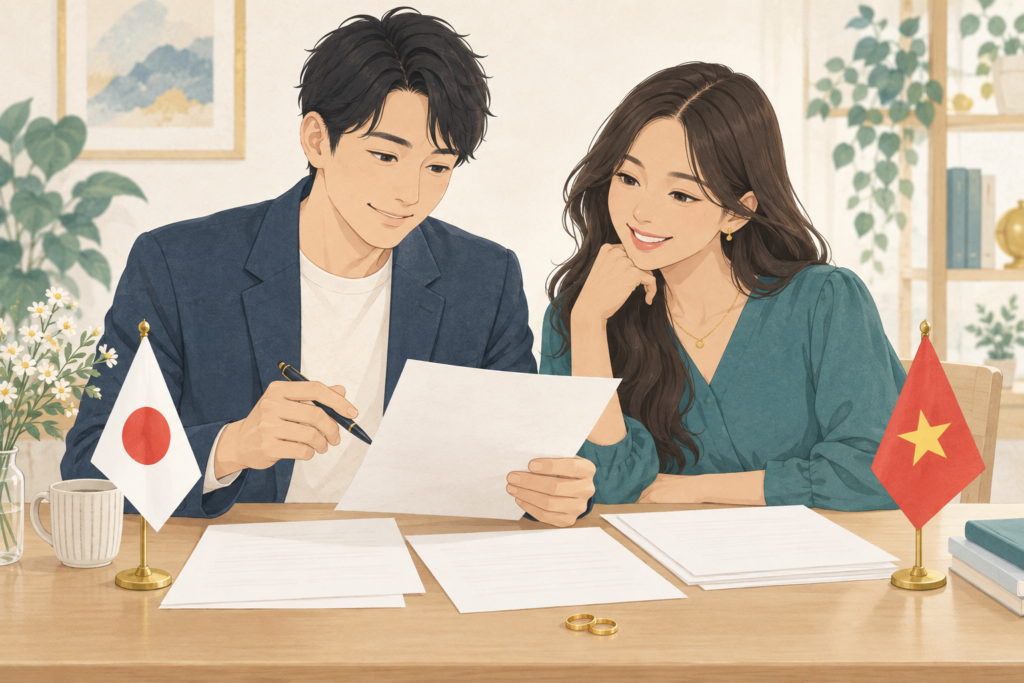 日本とベトナムの国旗がある机で、結婚手続の書類を一緒に確認する架空の二人のイラスト